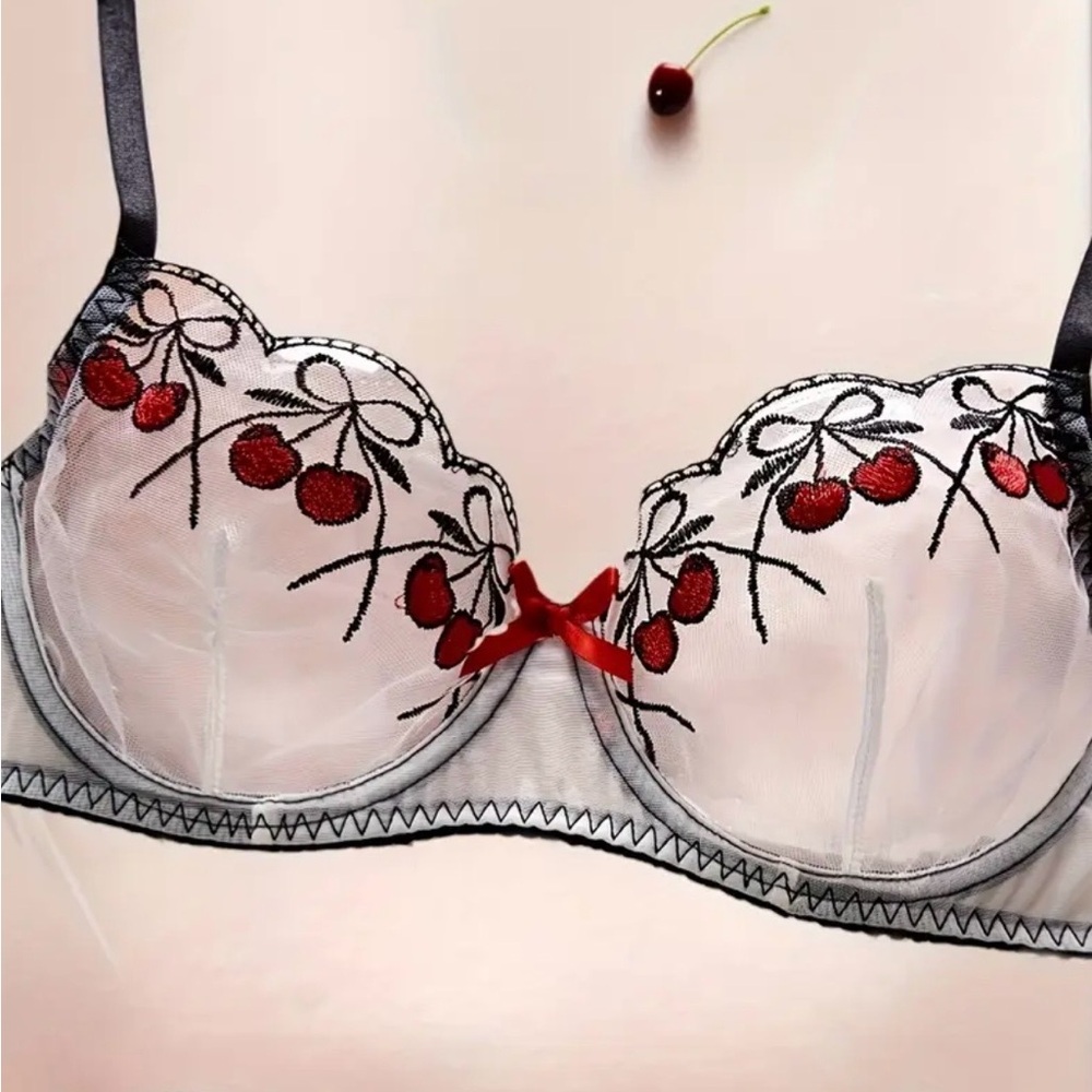 Cherry Embroidered Lingerie Set, Black, Red & White, NEW, 3 pcs. - Picture 4 of 9